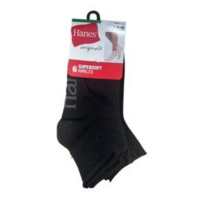 NEW 6PK Hanes Originals Supersoft Ankle Flat Knit Socks Black Shoe Size 5-9